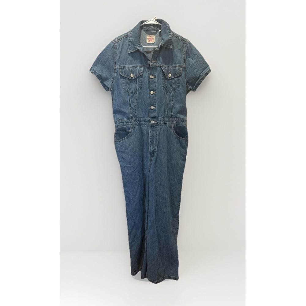 Levis Denim Jumpsuit Womens XL Short Sleeve Wide‎ Leg Cotton Retro Cowgirl